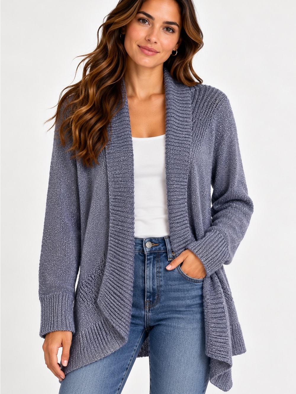 Chico’s Size 1 Silver Metallic Shimmer Open Front Draped Cardigan